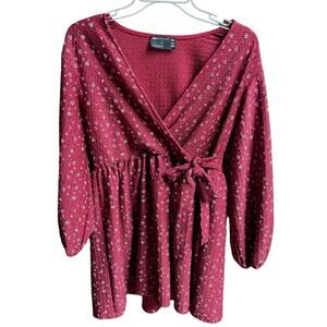 ASOS Design Ditsy Floral Smock Oversized Mini Faux Wrap Dress Berry 2 Petite